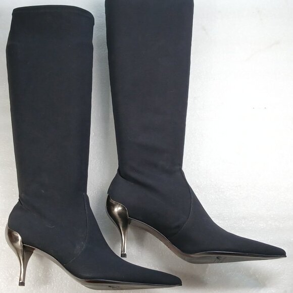 Donald J Pliner Black Stretch Tall Boots Metallic Heel Women's 8.5M 18" Italy VG - Picture 1 of 15